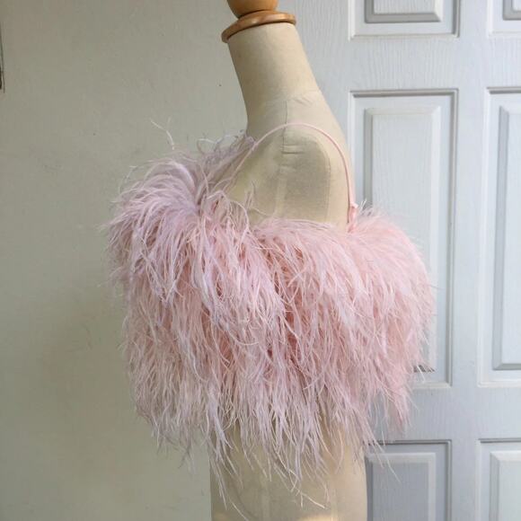 SGinstar Pink Ostrich Feather Fuzzy Sleeveless Cami Camisole Crop Tank Top Sz S - Picture 10 of 12